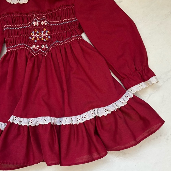 Vintage Polly Flinders Maroon Hand Smocked Dress Cottagecore Victorian Peasant - Picture 6 of 8